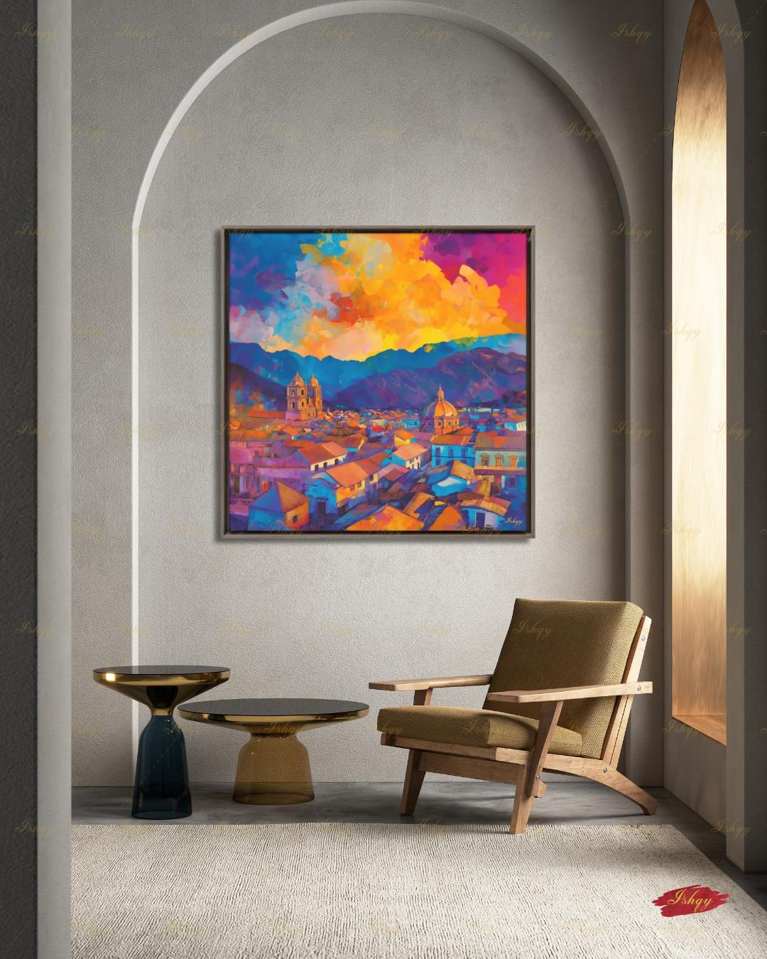 Cusco Wall Art, Colorful Peru Sunset Skyline Canvas Print, Vibrant Andes Cityscape Decor, Latin America Travel Art, Framed Canvas Gift