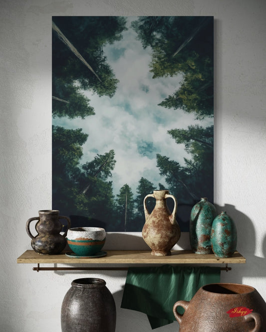 Decorative shelf with rustic vases against a forest painting on a wall.