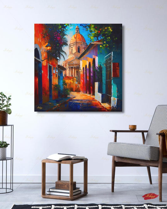 Oversized Santo Domingo Canvas Wall Art, Dominican Colonial Framed Canvas Print, Extra Large Textured Street Oil Painting, Apartment Decor
