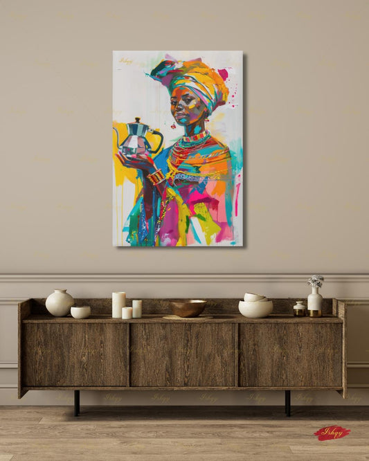 Ethiopian Woman Wall Art, African Coffee Ceremony Canvas Print, Bold Colorful Black Woman Decor, Jebena Portrait Framed Canvas Gift