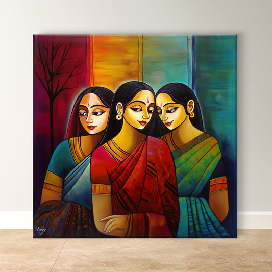 Bengali Women Art, Abstract Painting Print - Colorful Indian Wall Decor, Bold Saree Canvas, Traditional Home Art, Unique Gift