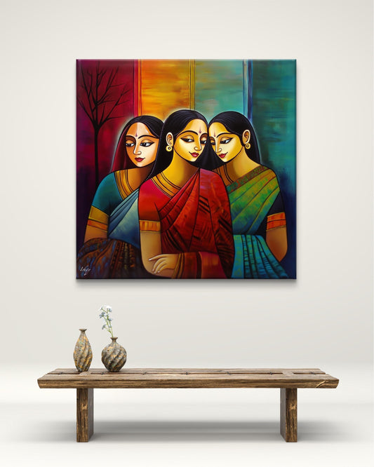 Bengali Women Art, Abstract Painting Print - Colorful Indian Wall Decor, Bold Saree Canvas, Traditional Home Art, Unique Gift