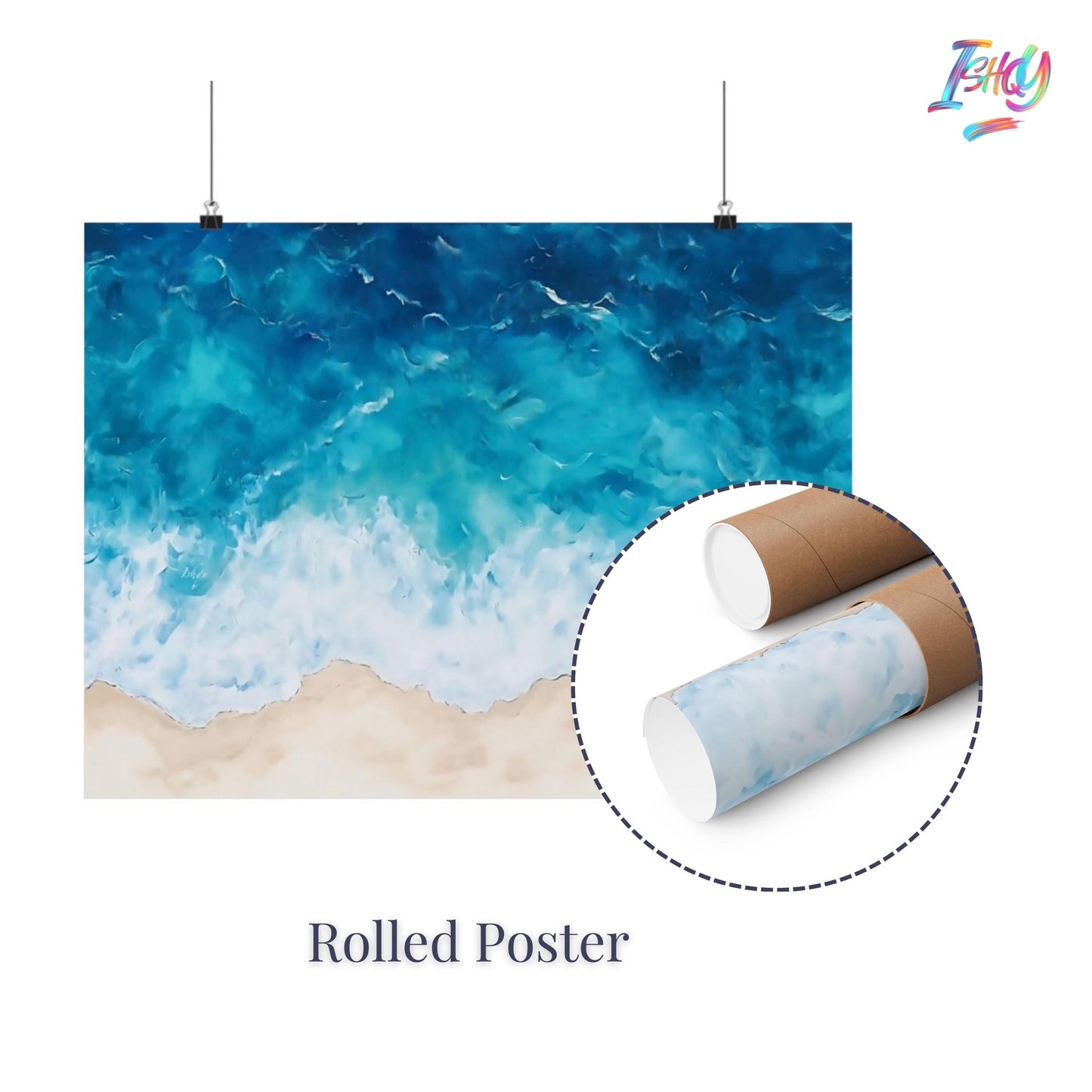 Azure Waves giclée print showcases serene ocean waves on sandy shores, perfect for coastal-inspired decor.