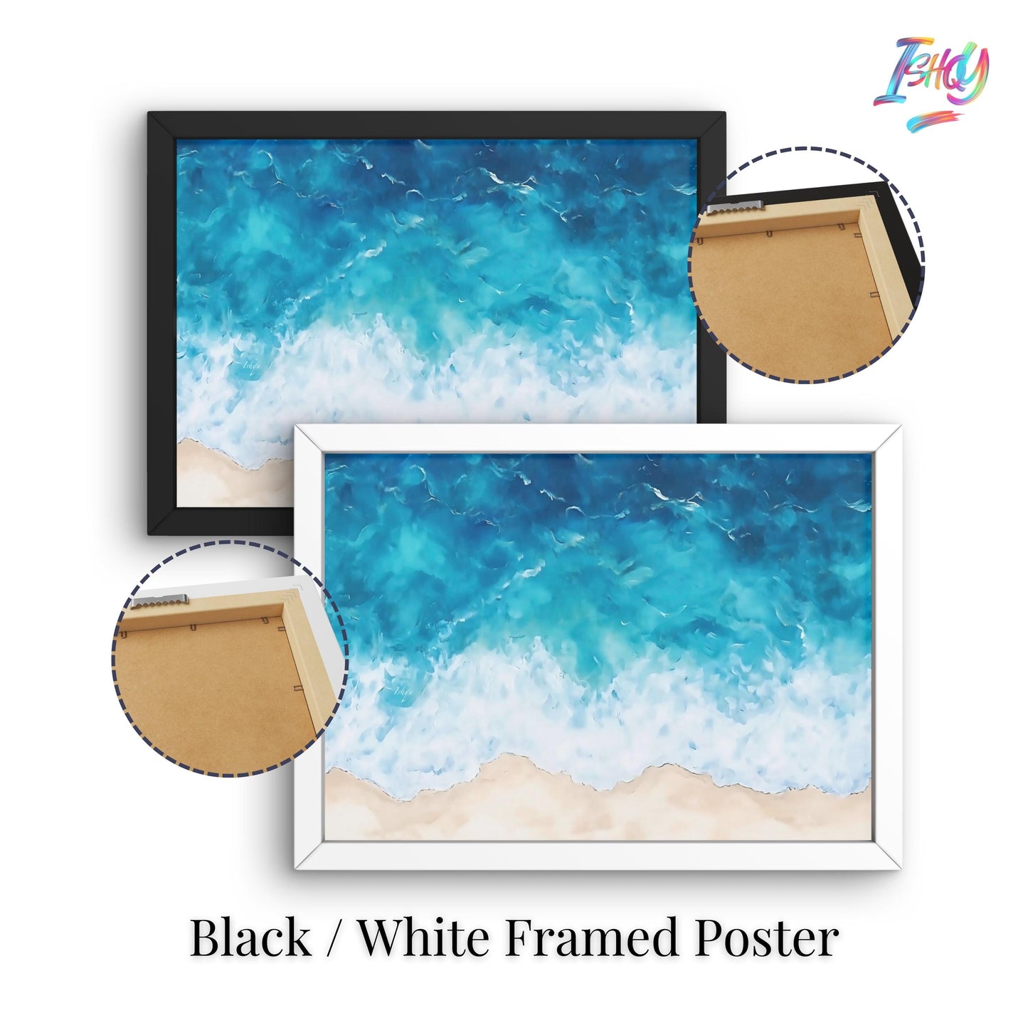 Serene giclée print, "Azure Waves," captures ocean waves crashing on sandy shores in deep blue and foamy whites.