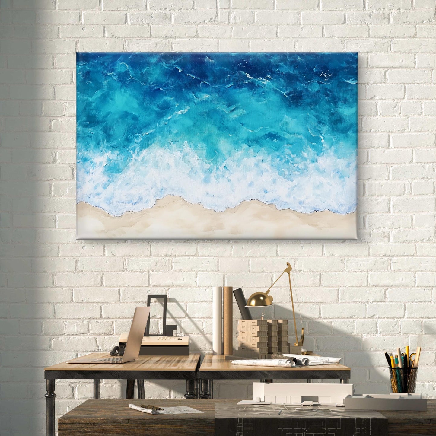 Serene Azure Waves giclée print captures ocean hues blending with sandy shores, perfect for coastal decor.