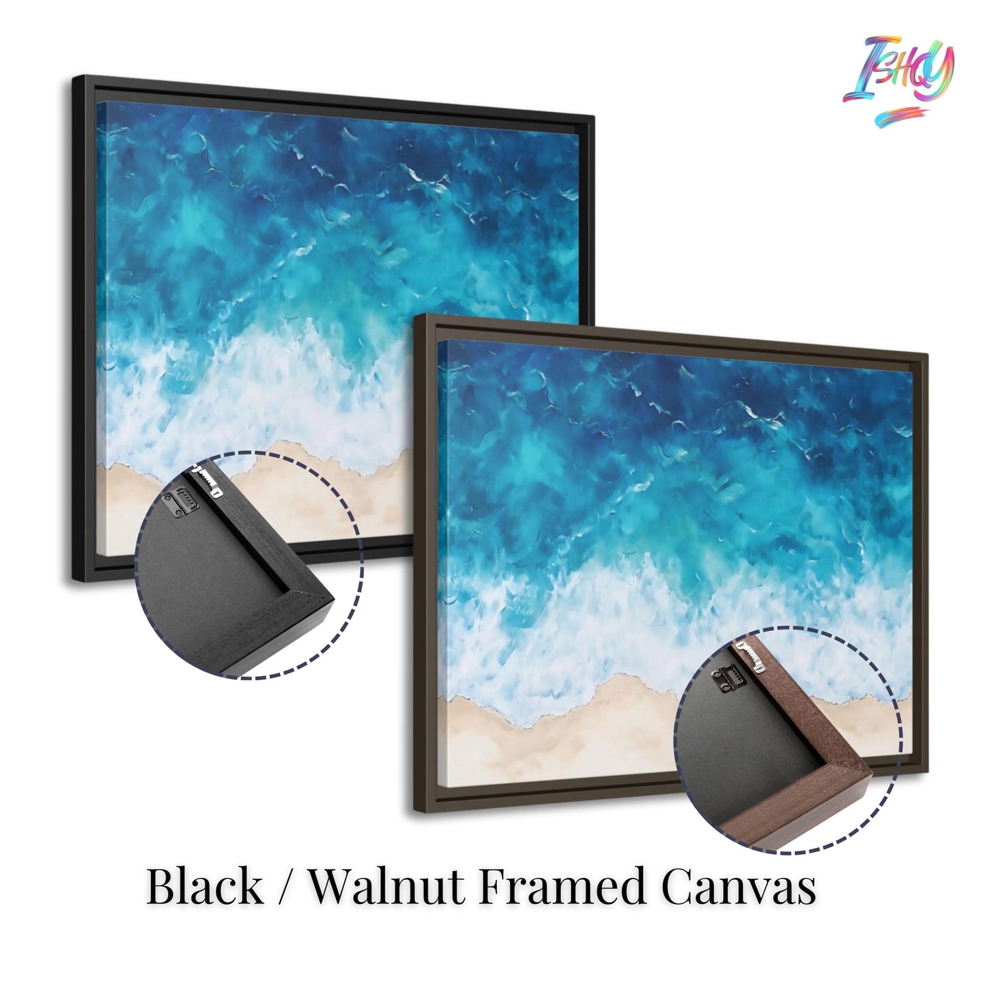 Framed Azure Waves giclée print showcasing ocean waves in deep blues, perfect for coastal-inspired decor.