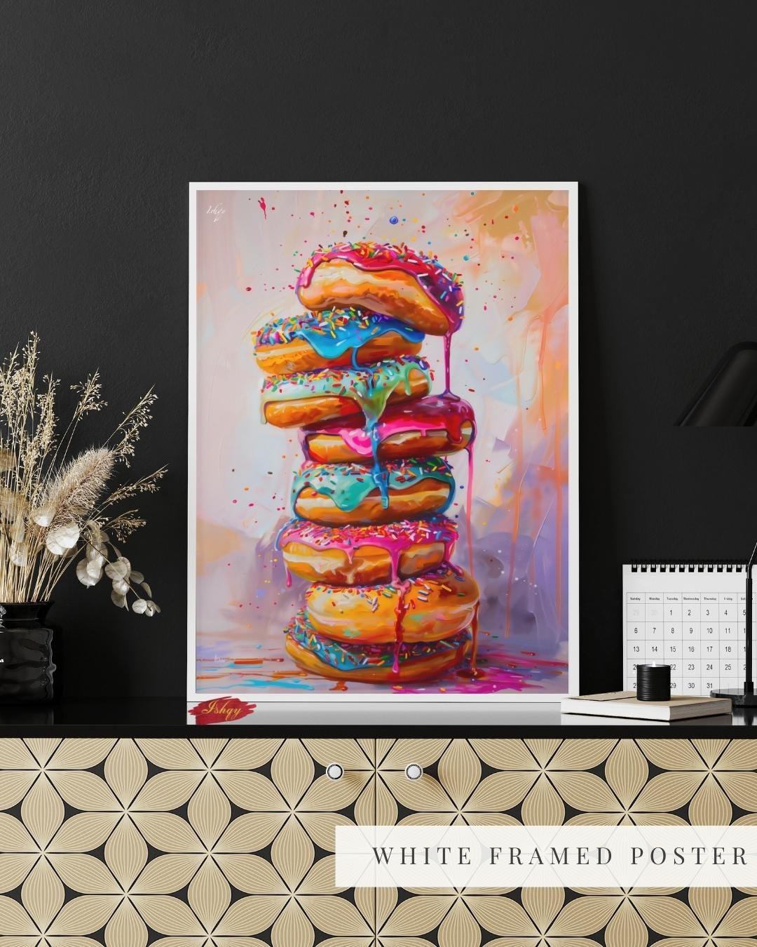 Donut Wall Art, Coffee Shop Decor, Colorful Donut Print, Framed Cafe Art, Vibrant Bakery Decor, Playful Kitchen Art, Living Room Wall Decor