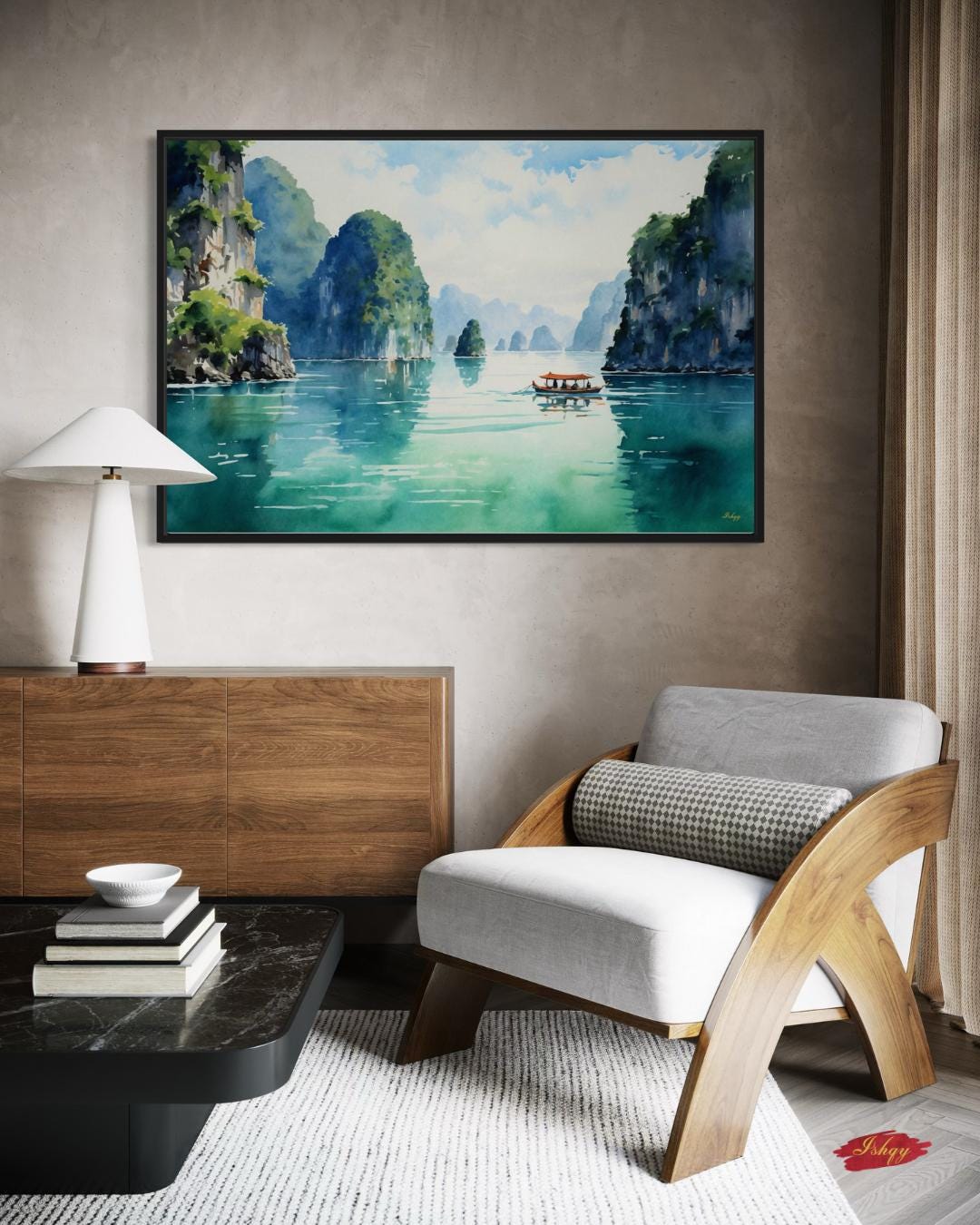 Ha Long Bay Wall Art - Serene Vietnam Seascape Canvas, Nature-Inspired Home Decor, Tranquil Coastal Artwork, Unique Gift for Any Room
Oil painting-style canvas of Ha Long Bay, Vietnam with limestone cliffs and a boat drifting through turquoise water, scenic and tranquil.