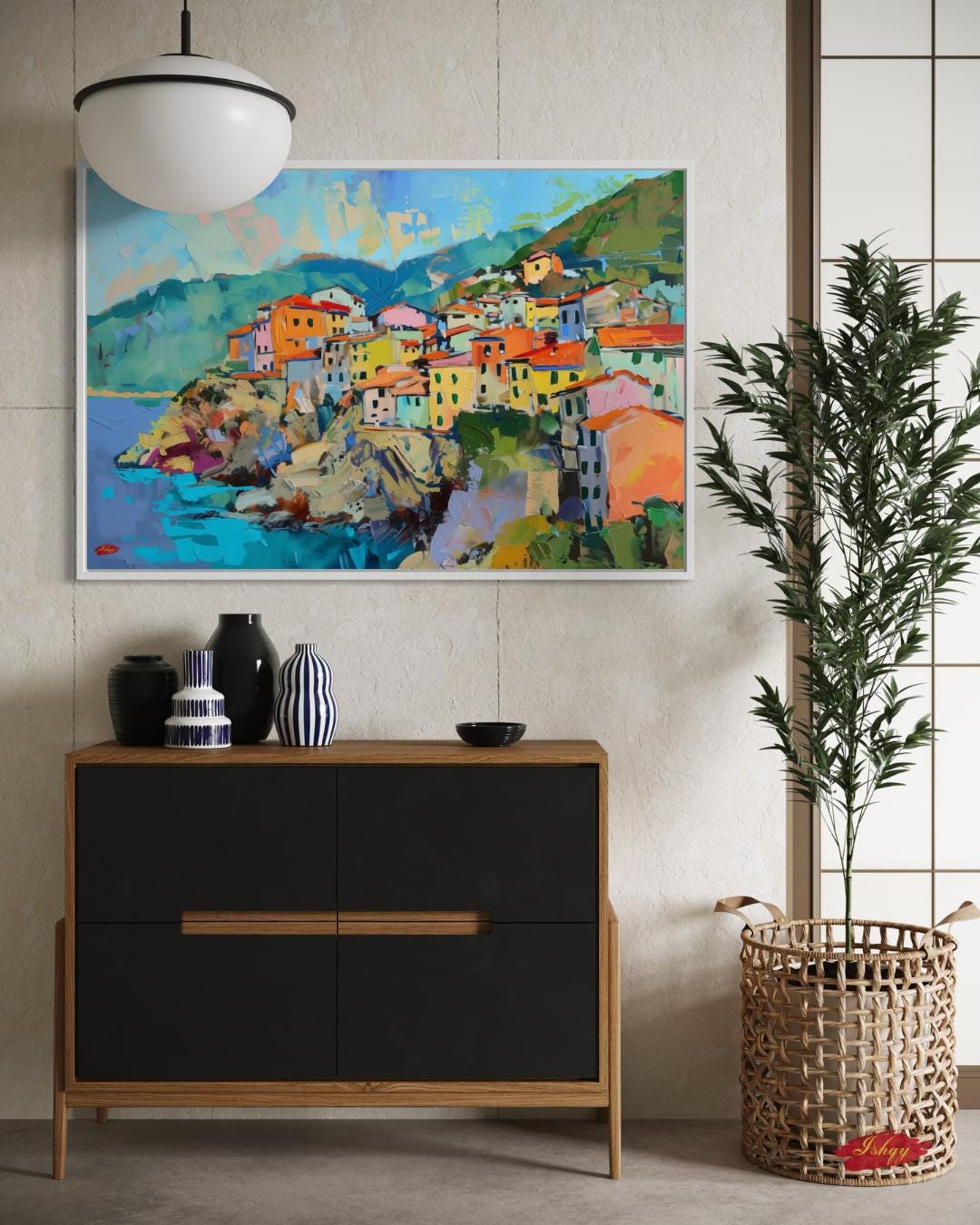 Italian Coastal Wall Art Canvas Print of Cinque Terre Village, Colorful Mediterranean Landscape Painting, Vibrant Home Decor