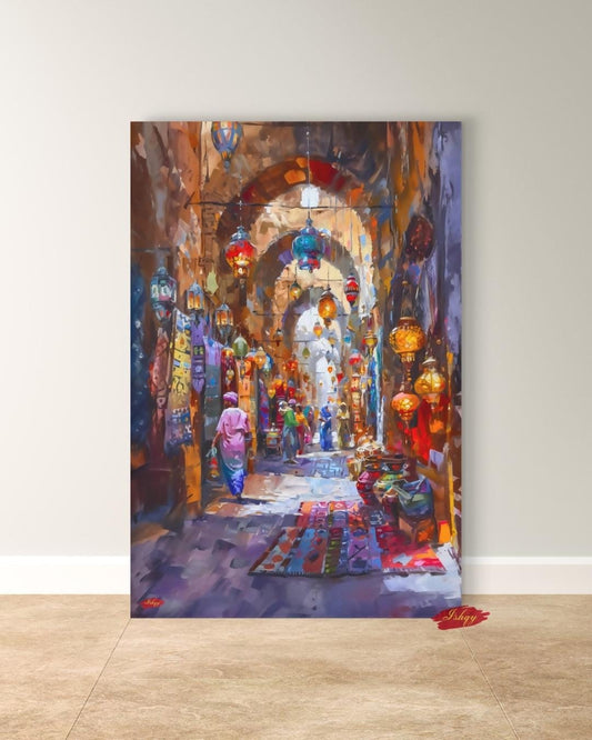 Grand Bazaar Wall Art Canvas Print of Istanbul Market Painting, Turkish Lanterns and Rug Shop Scene, Vertical Cultural Decor for Home