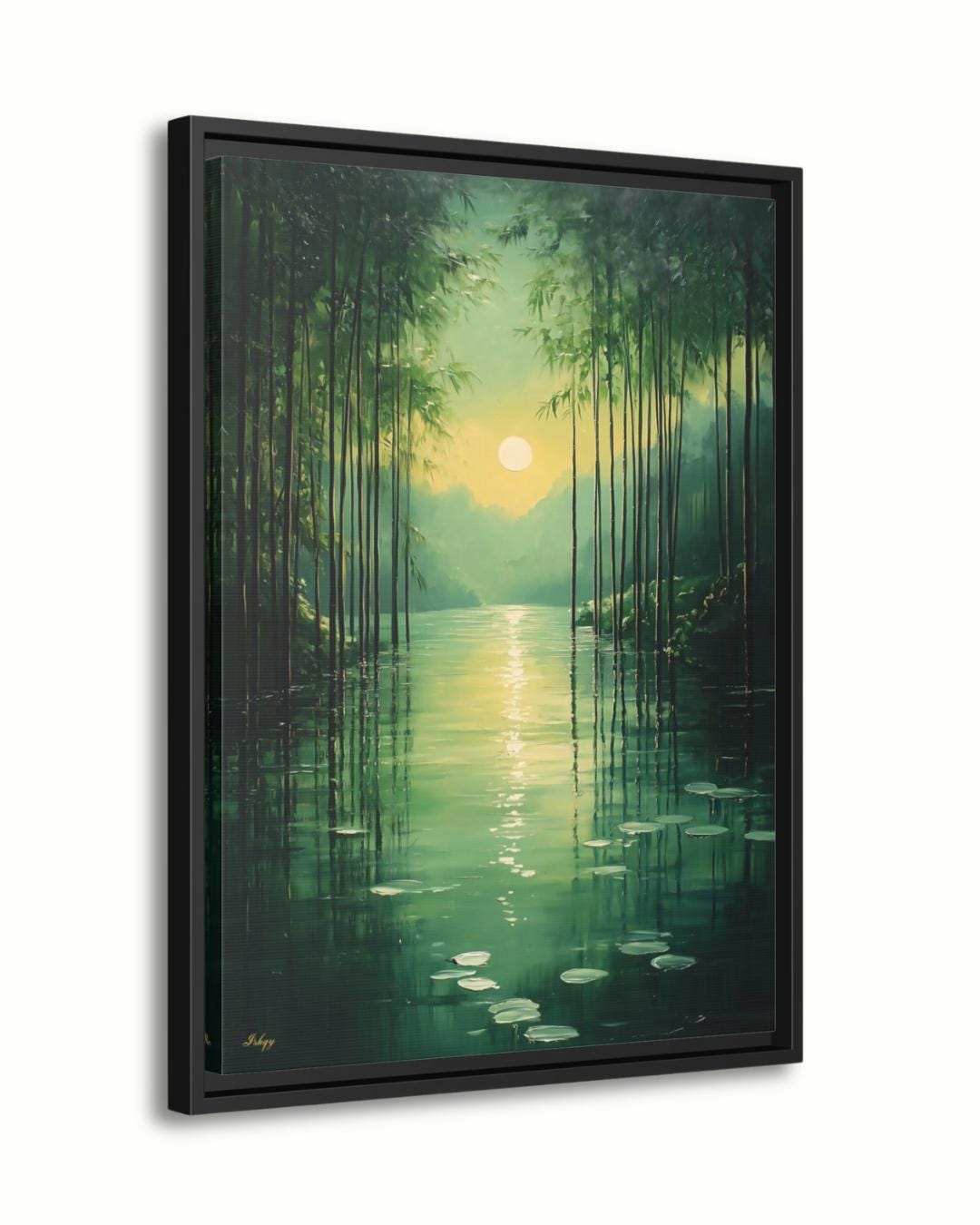 Bamboo Forest Wall Art Canvas Print with Water Reflection, Green Nature Landscape Painting, Vertical Zen Home Decor for Bedroom or Spa