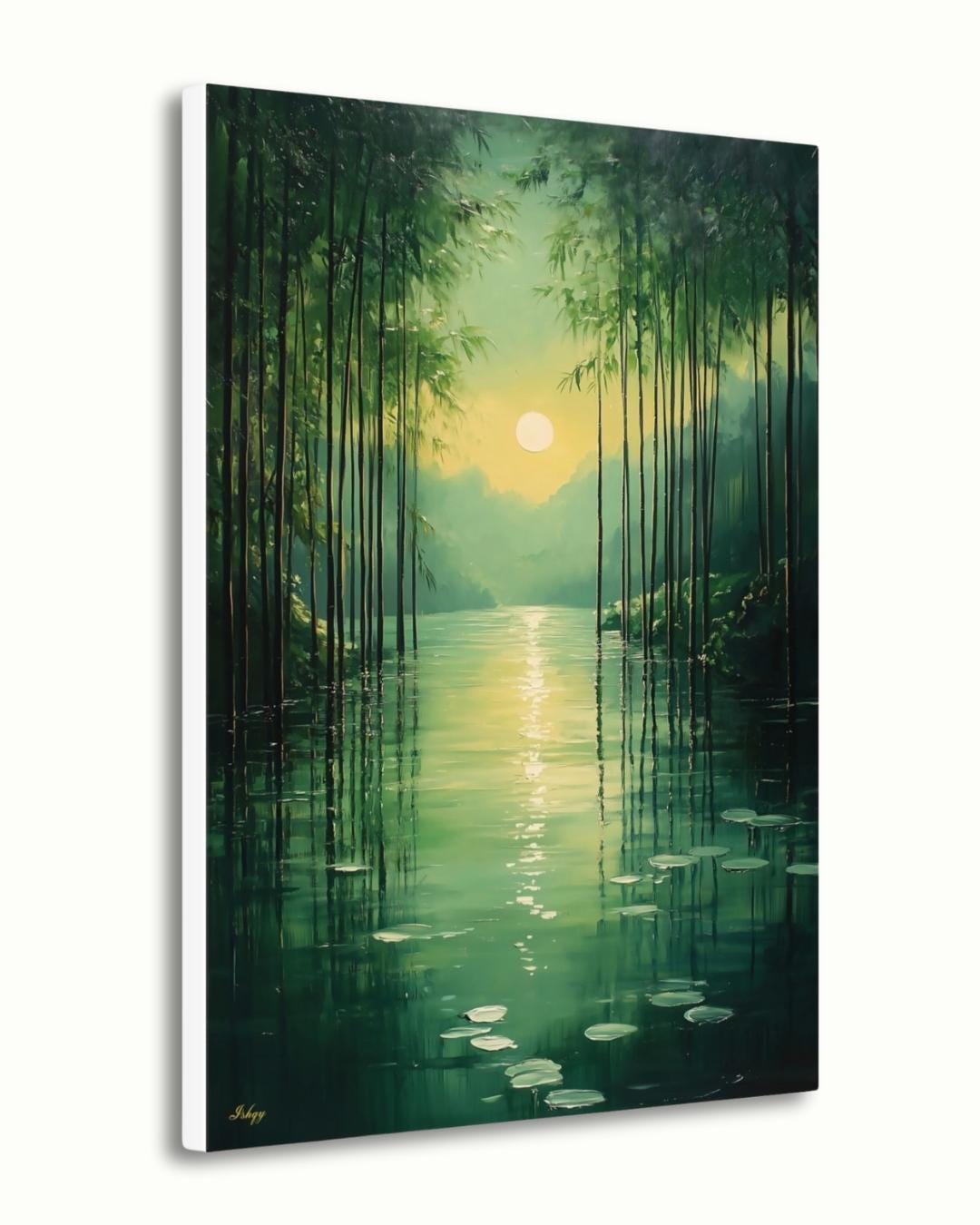 Bamboo Forest Wall Art Canvas Print with Water Reflection, Green Nature Landscape Painting, Vertical Zen Home Decor for Bedroom or Spa