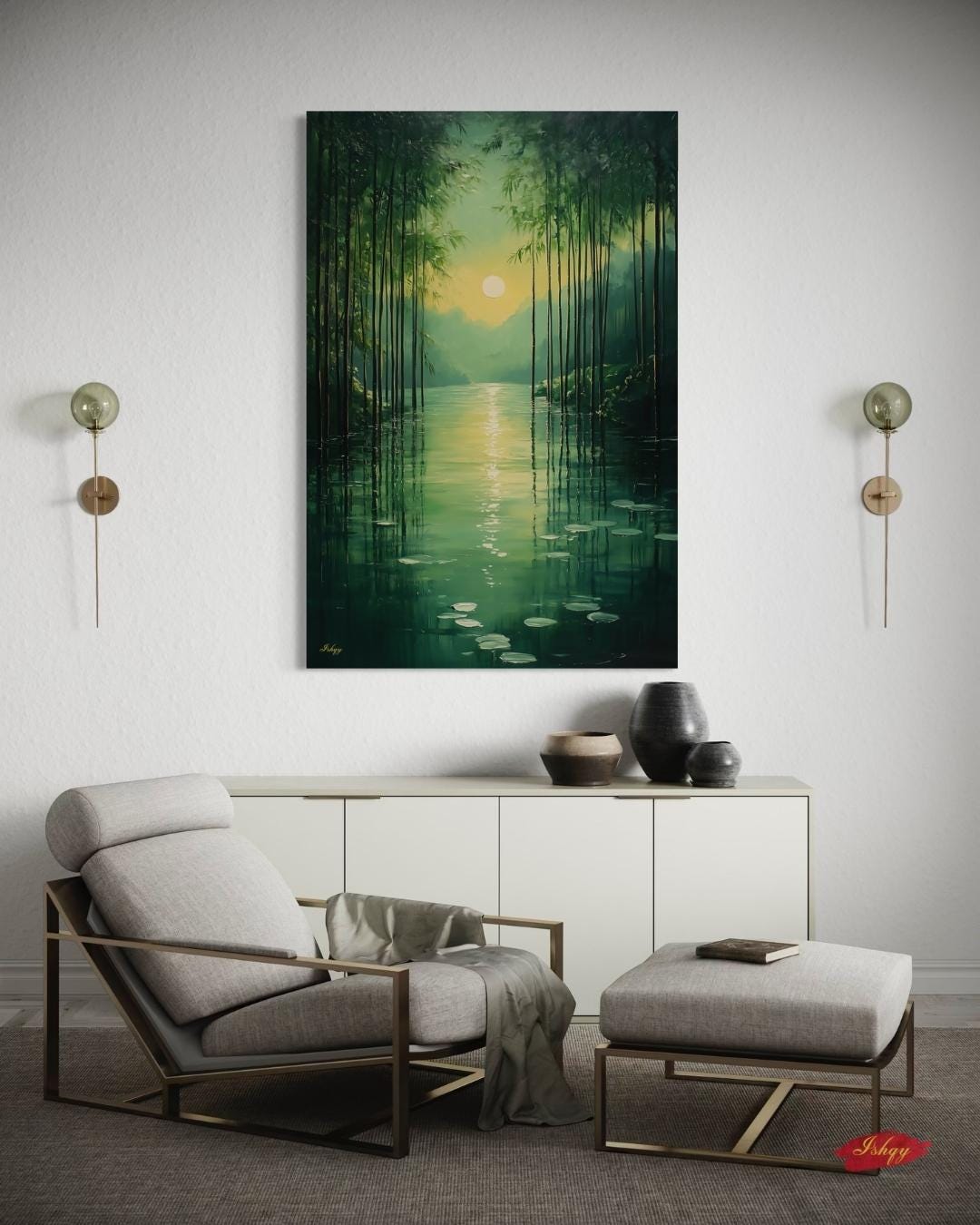 Bamboo Forest Wall Art Canvas Print with Water Reflection, Green Nature Landscape Painting, Vertical Zen Home Decor for Bedroom or Spa