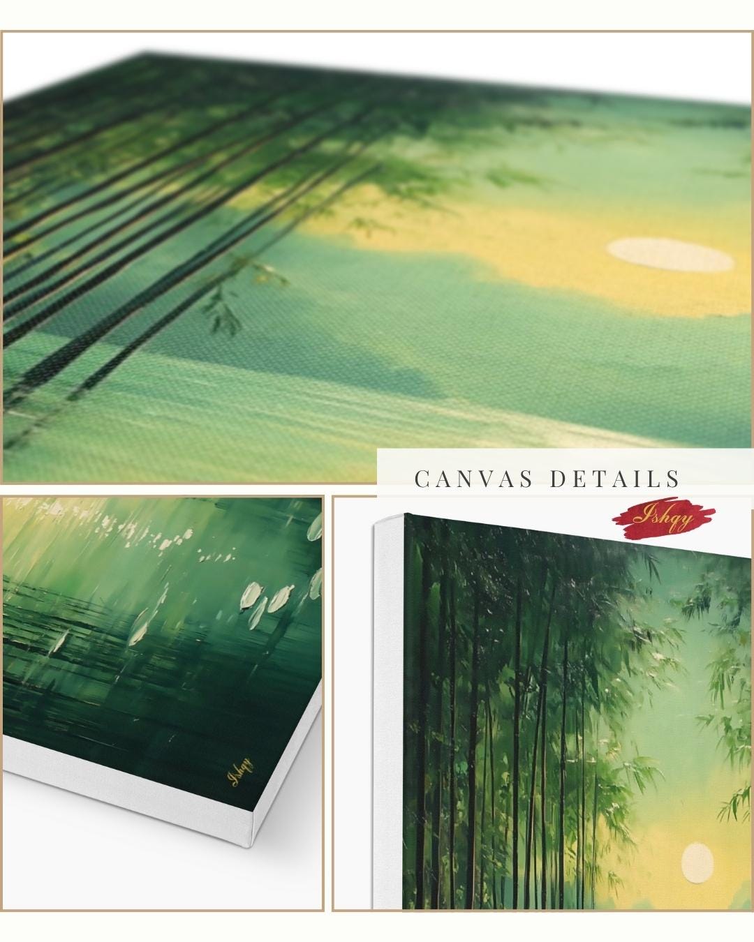 Bamboo Forest Wall Art Canvas Print with Water Reflection, Green Nature Landscape Painting, Vertical Zen Home Decor for Bedroom or Spa