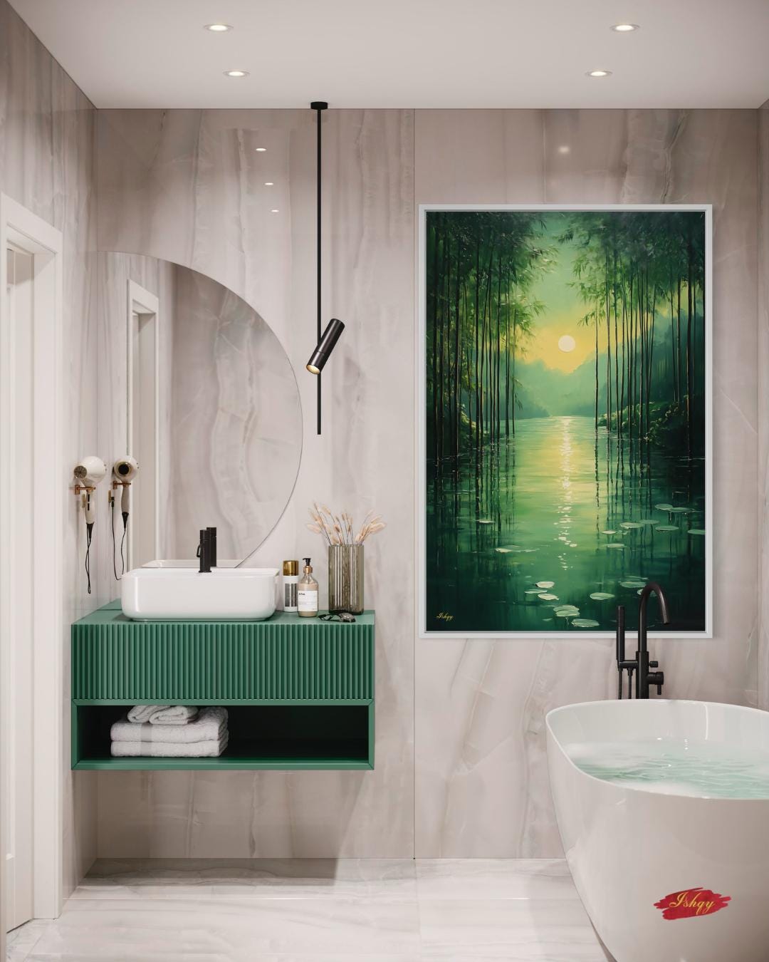 Bamboo Forest Wall Art Canvas Print with Water Reflection, Green Nature Landscape Painting, Vertical Zen Home Decor for Bedroom or Spa