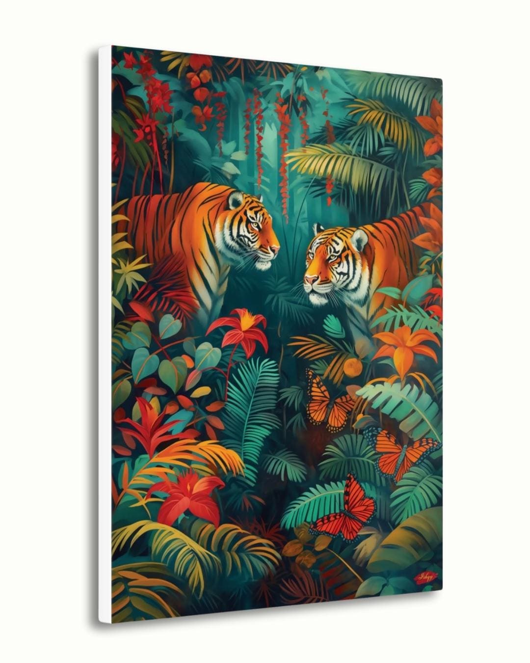 Tiger Wall Art Canvas Print with Tropical Jungle Leaves and Butterflies, Vibrant Wildlife Painting, Vertical Safari Animal Decor for Home