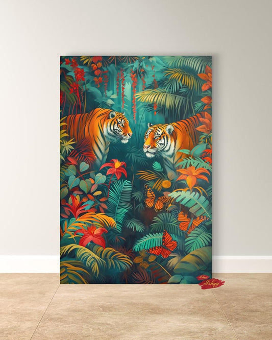 Tiger Wall Art Canvas Print with Tropical Jungle Leaves and Butterflies, Vibrant Wildlife Painting, Vertical Safari Animal Decor for Home