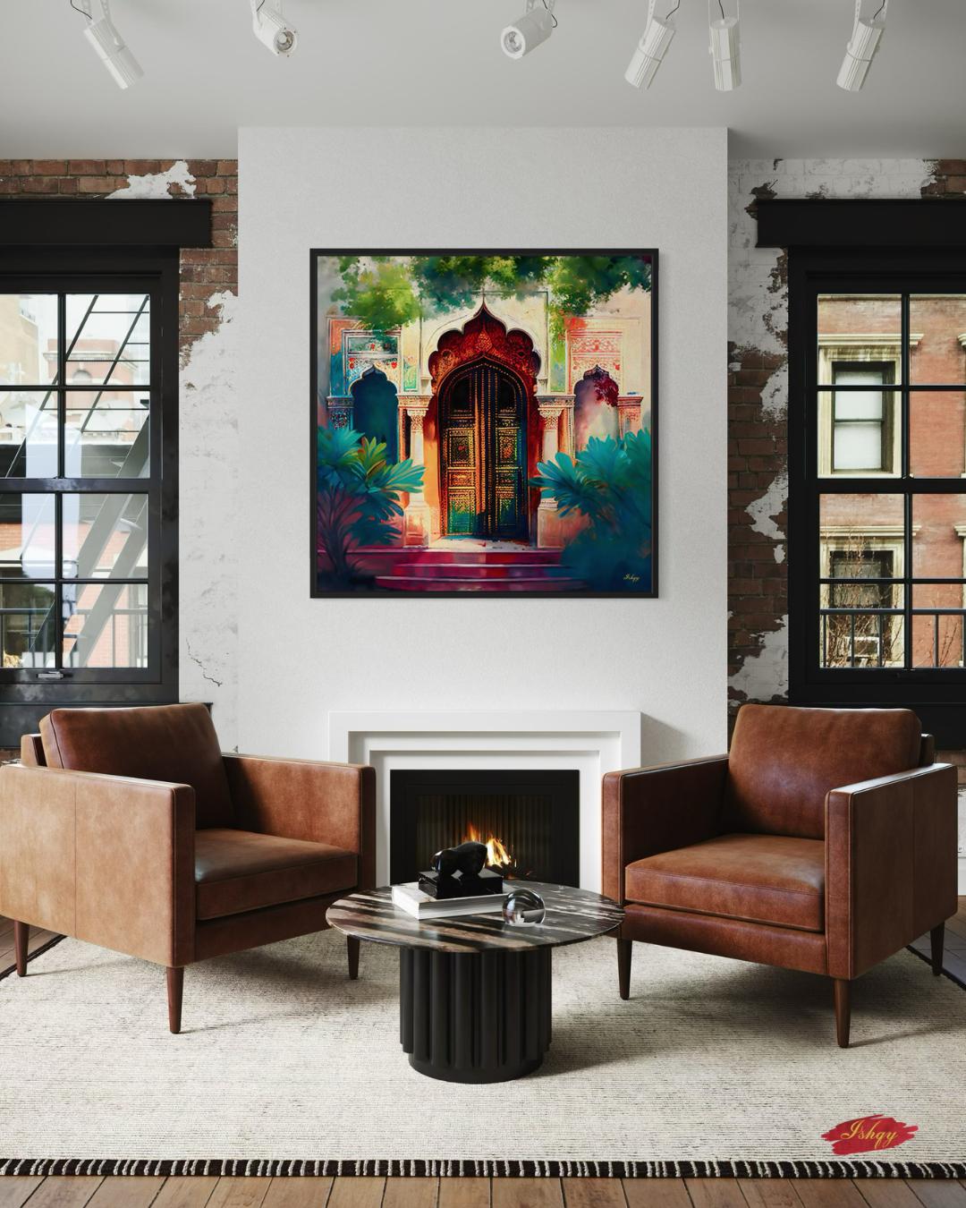 Indian Door Wall Art Canvas Print with Ornate Archway and Palace Design, Square Rajasthani Architecture Painting for Cultural Home Decor