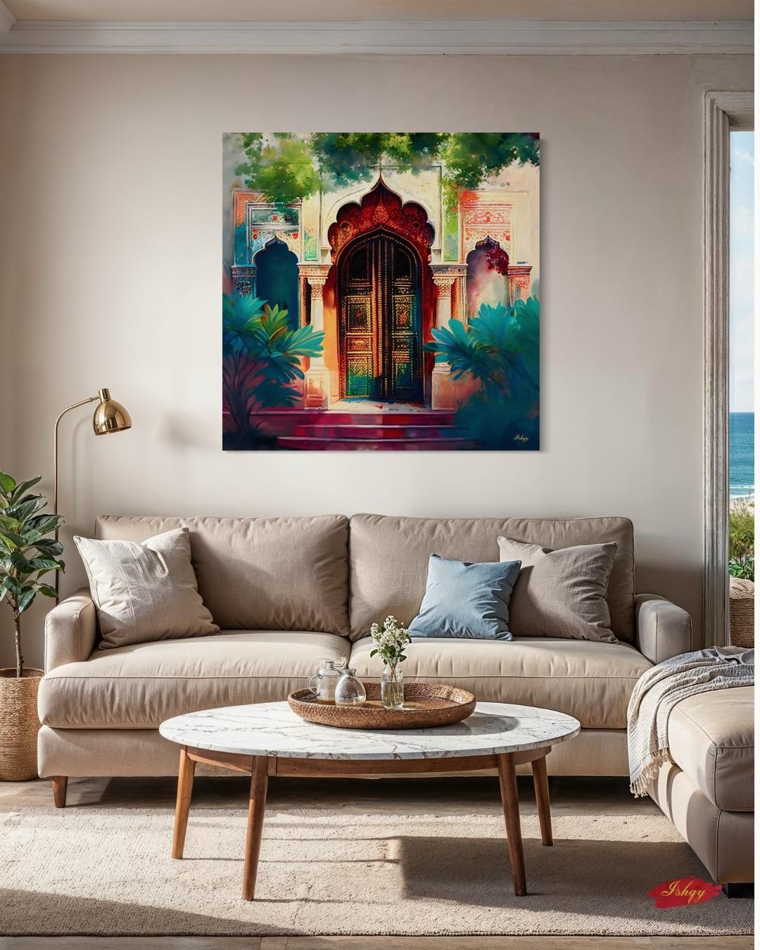 Indian Door Wall Art Canvas Print with Ornate Archway and Palace Design, Square Rajasthani Architecture Painting for Cultural Home Decor
