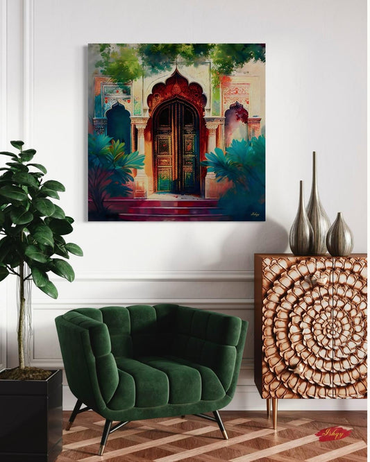 Indian Door Wall Art Canvas Print with Ornate Archway and Palace Design, Square Rajasthani Architecture Painting for Cultural Home Decor