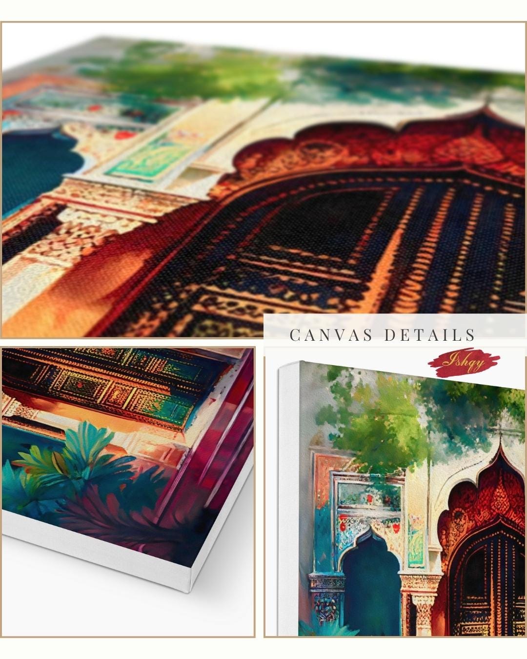 Indian Door Wall Art Canvas Print with Ornate Archway and Palace Design, Square Rajasthani Architecture Painting for Cultural Home Decor