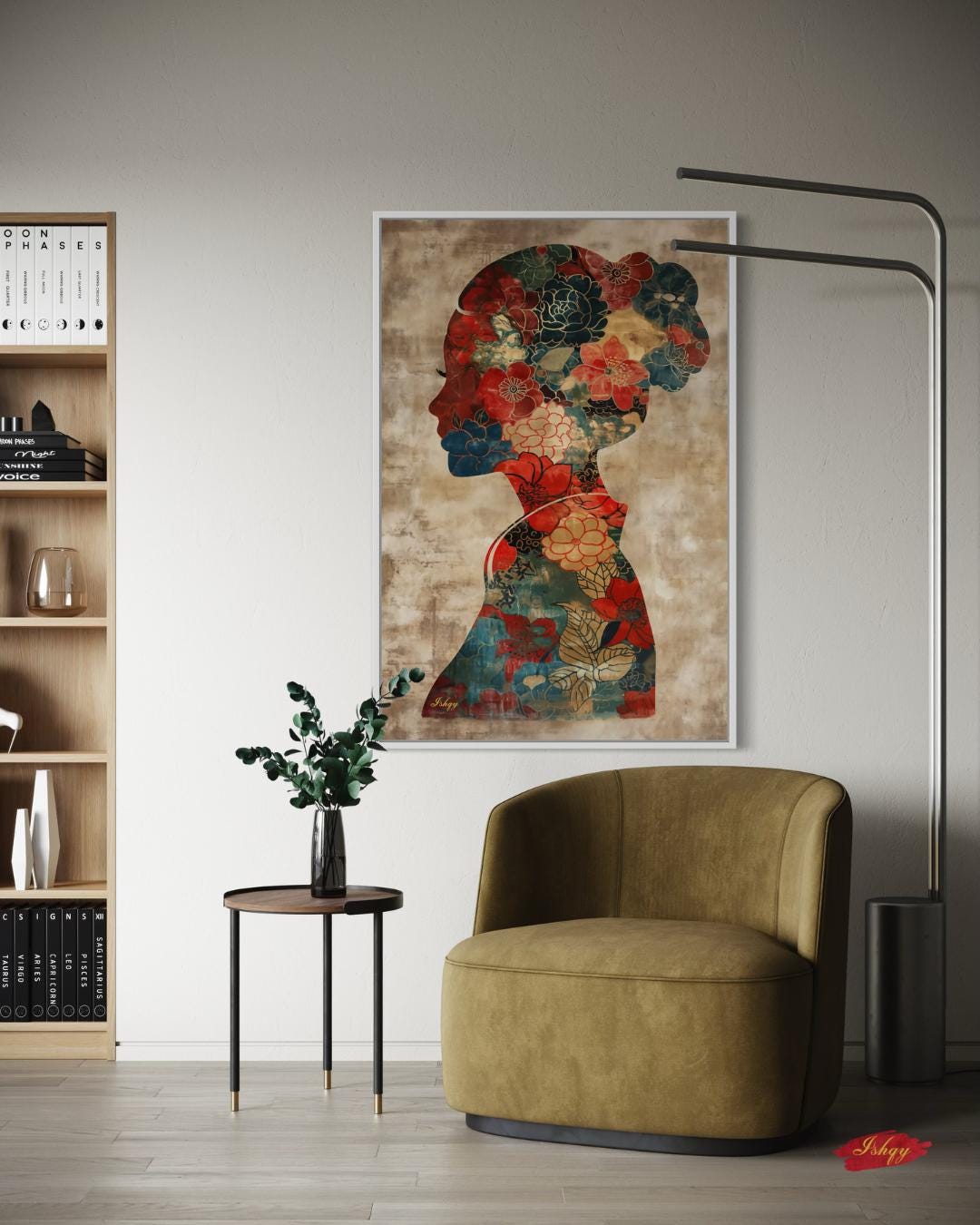 Asian Woman Wall Art Canvas Print with Floral Silhouette Pattern, Vertical Chinese Portrait Painting, Cultural Decor for Bedroom or Entryway