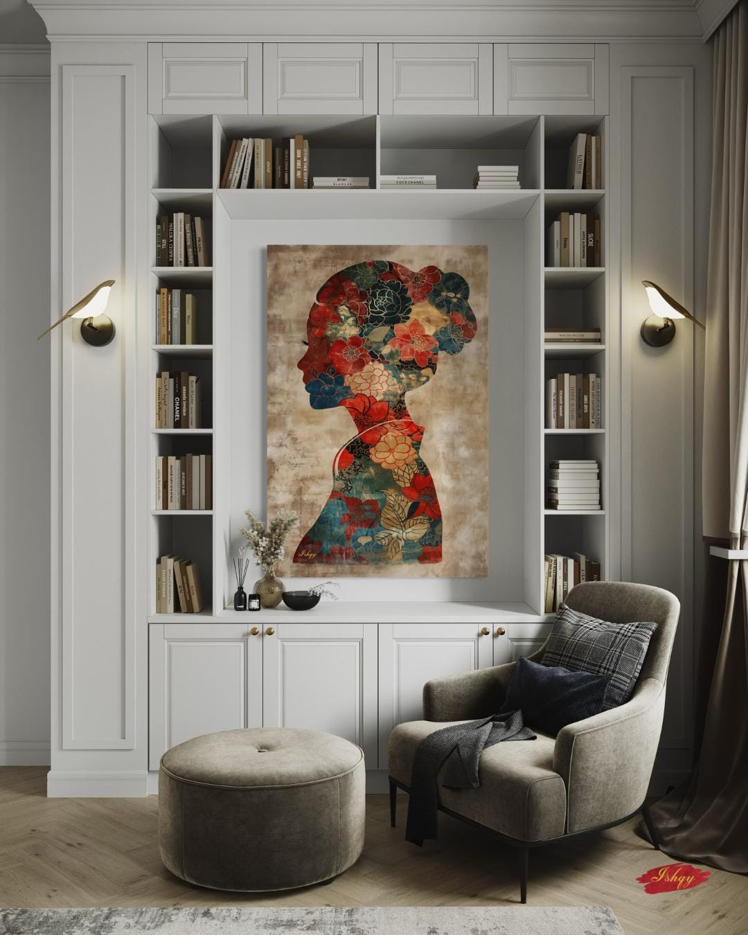 Asian Woman Wall Art Canvas Print with Floral Silhouette Pattern, Vertical Chinese Portrait Painting, Cultural Decor for Bedroom or Entryway