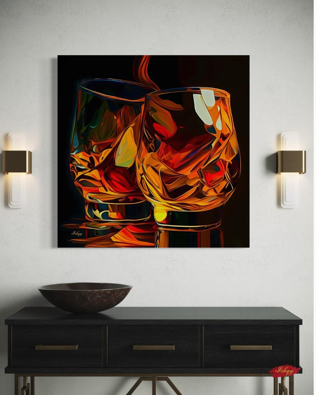 Whiskey Wall Art Canvas Print with Glass Pour Still Life, Square Bar and Lounge Decor, Bold Drink Painting for Kitchen or Home Bar Area