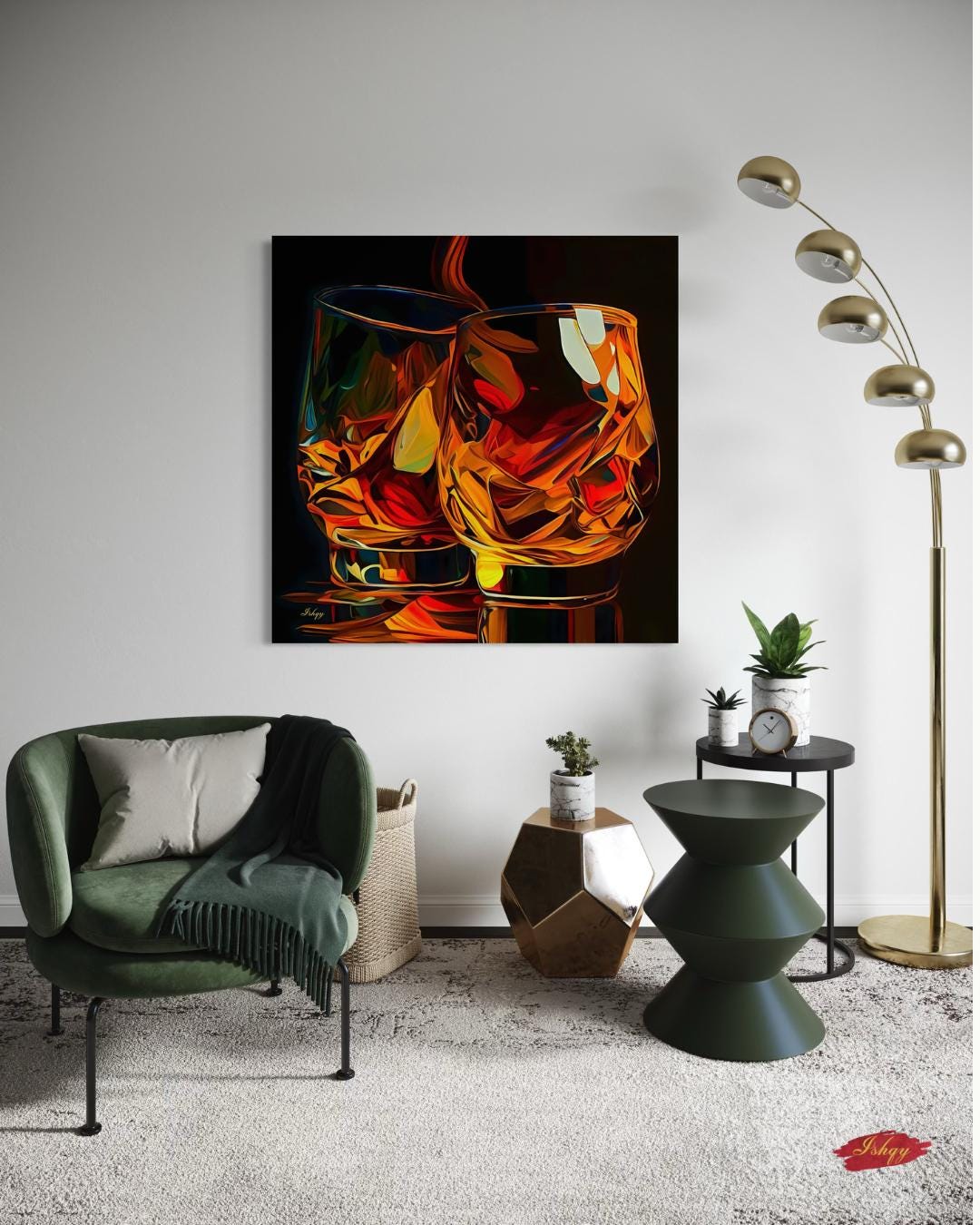 Whiskey Wall Art Canvas Print with Glass Pour Still Life, Square Bar and Lounge Decor, Bold Drink Painting for Kitchen or Home Bar Area