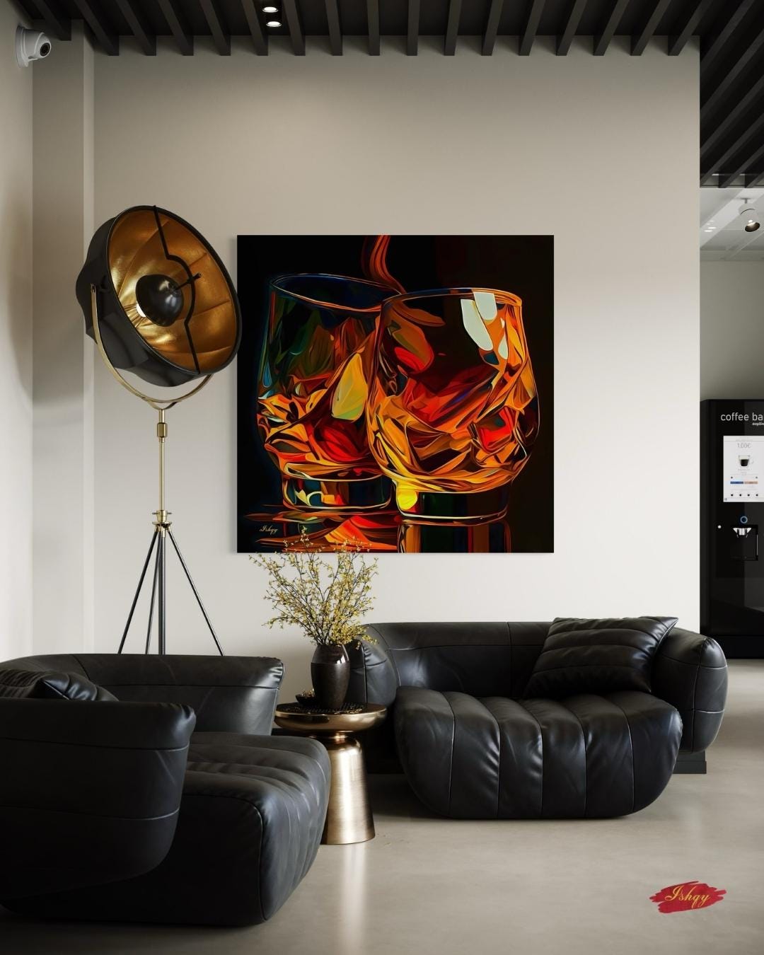 Whiskey Wall Art Canvas Print with Glass Pour Still Life, Square Bar and Lounge Decor, Bold Drink Painting for Kitchen or Home Bar Area