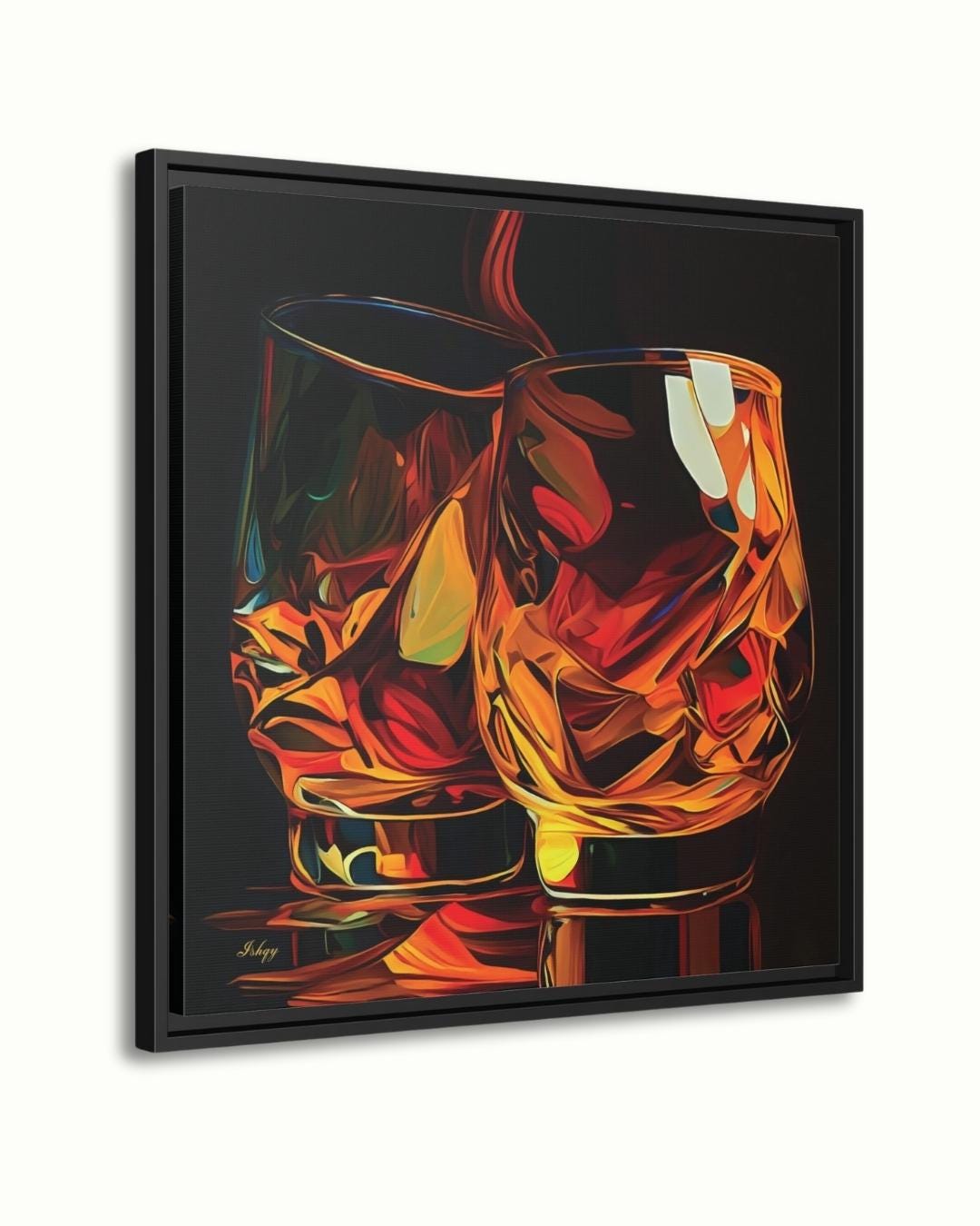 Whiskey Wall Art Canvas Print with Glass Pour Still Life, Square Bar and Lounge Decor, Bold Drink Painting for Kitchen or Home Bar Area