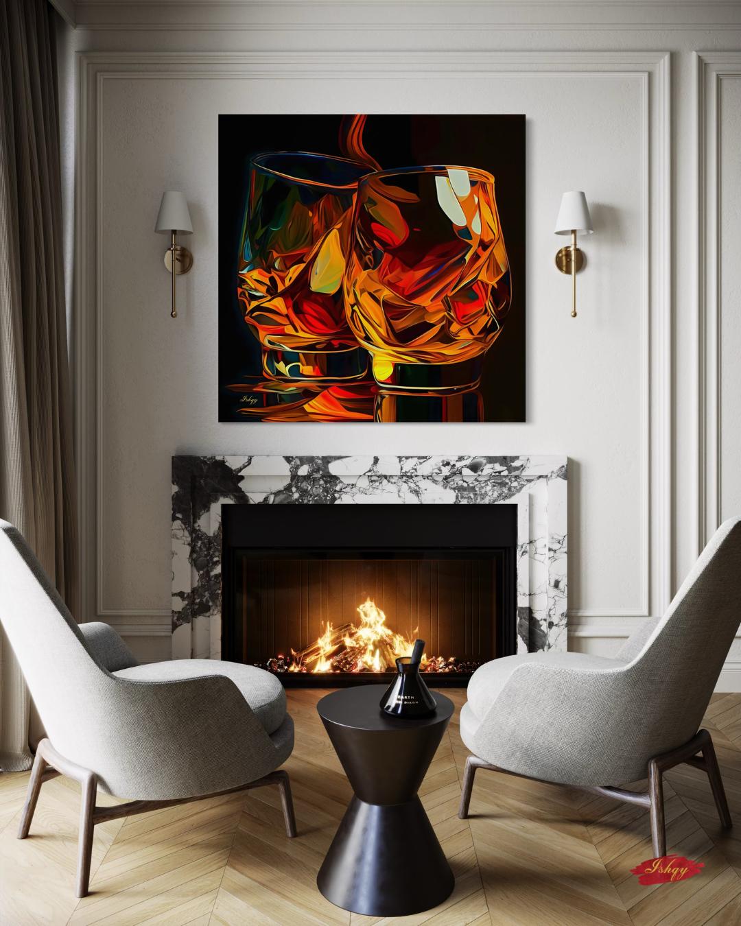 Whiskey Wall Art Canvas Print with Glass Pour Still Life, Square Bar and Lounge Decor, Bold Drink Painting for Kitchen or Home Bar Area