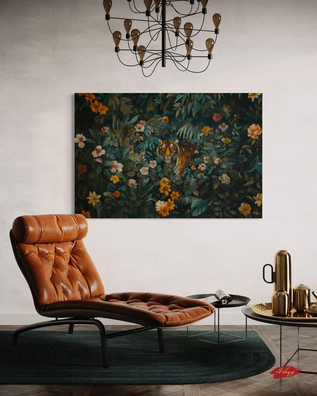 Tiger Wall Art Jungle Print, Floral Safari Animal Canvas, Dark Jungle Wall Decor, Bold Nature Painting, Wildlife Canvas for Home Decor