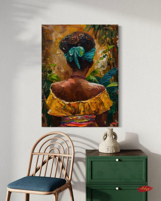 Afro Woman Canvas Print – Tropical Oil Painting of Black Woman with Headwrap, Vertical Wall Art for Island Home Decor, Boho or Cultural Interiors
Oil painting-style vertical canvas of a Black woman in headwrap and yellow dress, viewed from behind, in a tropical Afro-Caribbean setting.