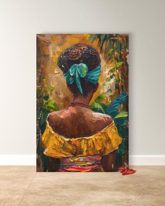 Afro Woman Canvas Print – Tropical Oil Painting of Black Woman with Headwrap, Vertical Wall Art for Island Home Decor, Boho or Cultural Interiors
Oil painting-style vertical canvas of a Black woman in headwrap and yellow dress, viewed from behind, in a tropical Afro-Caribbean setting.