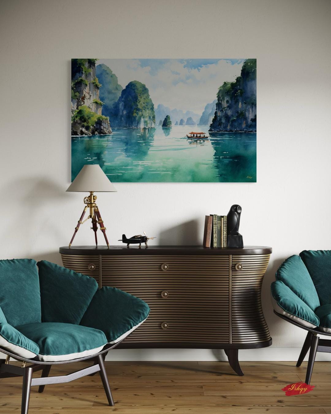 Ha Long Bay Wall Art - Serene Vietnam Seascape Canvas, Nature-Inspired Home Decor, Tranquil Coastal Artwork, Unique Gift for Any Room
Oil painting-style canvas of Ha Long Bay, Vietnam with limestone cliffs and a boat drifting through turquoise water, scenic and tranquil.