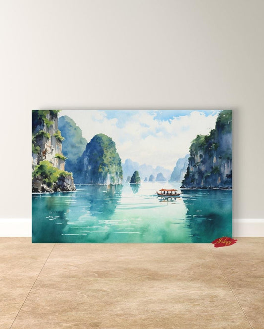 Ha Long Bay Wall Art - Serene Vietnam Seascape Canvas, Nature-Inspired Home Decor, Tranquil Coastal Artwork, Unique Gift for Any Room
Oil painting-style canvas of Ha Long Bay, Vietnam with limestone cliffs and a boat drifting through turquoise water, scenic and tranquil.