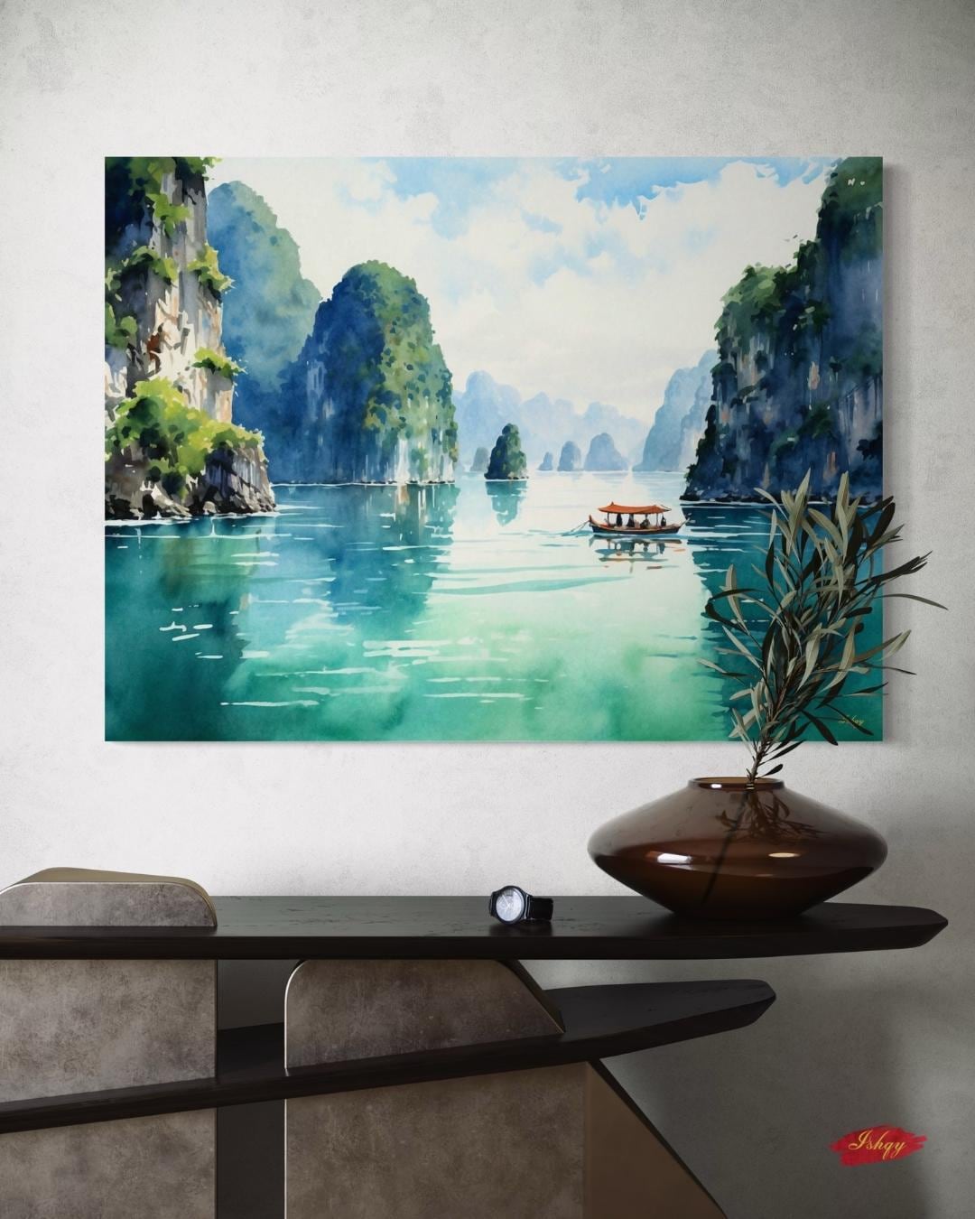 Ha Long Bay Wall Art - Serene Vietnam Seascape Canvas, Nature-Inspired Home Decor, Tranquil Coastal Artwork, Unique Gift for Any Room
Oil painting-style canvas of Ha Long Bay, Vietnam with limestone cliffs and a boat drifting through turquoise water, scenic and tranquil.