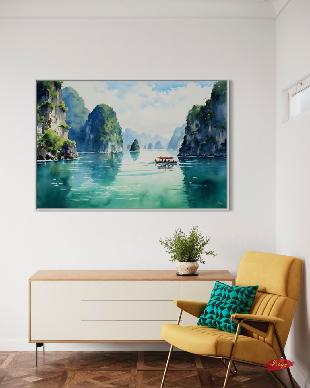Ha Long Bay Wall Art - Serene Vietnam Seascape Canvas, Nature-Inspired Home Decor, Tranquil Coastal Artwork, Unique Gift for Any Room
Oil painting-style canvas of Ha Long Bay, Vietnam with limestone cliffs and a boat drifting through turquoise water, scenic and tranquil.