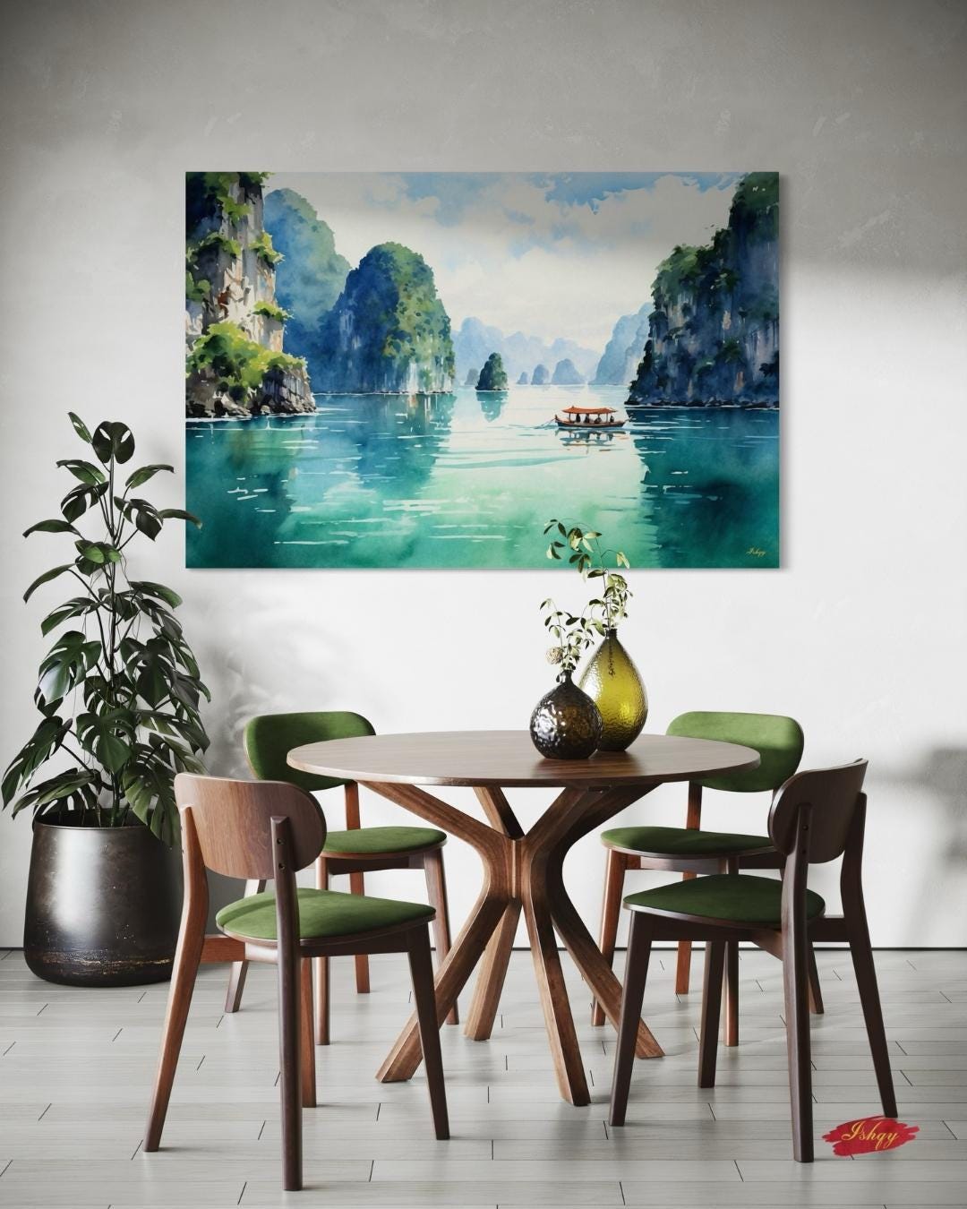 Ha Long Bay Wall Art - Serene Vietnam Seascape Canvas, Nature-Inspired Home Decor, Tranquil Coastal Artwork, Unique Gift for Any Room
Oil painting-style canvas of Ha Long Bay, Vietnam with limestone cliffs and a boat drifting through turquoise water, scenic and tranquil.
