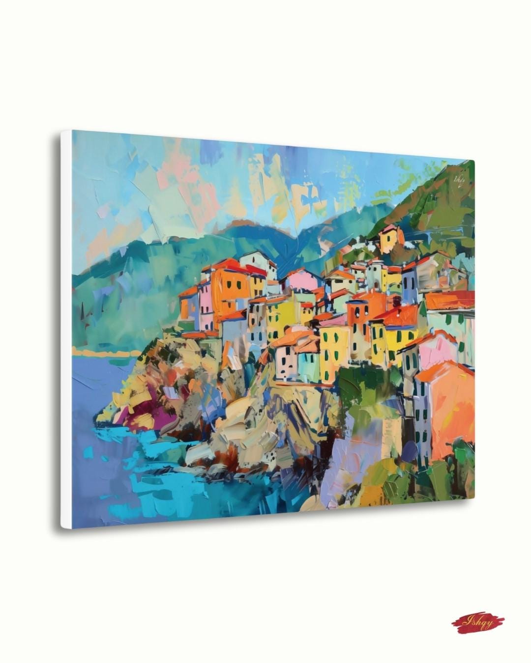 Italian Coastal Wall Art Canvas Print of Cinque Terre Village, Colorful Mediterranean Landscape Painting, Vibrant Home Decor