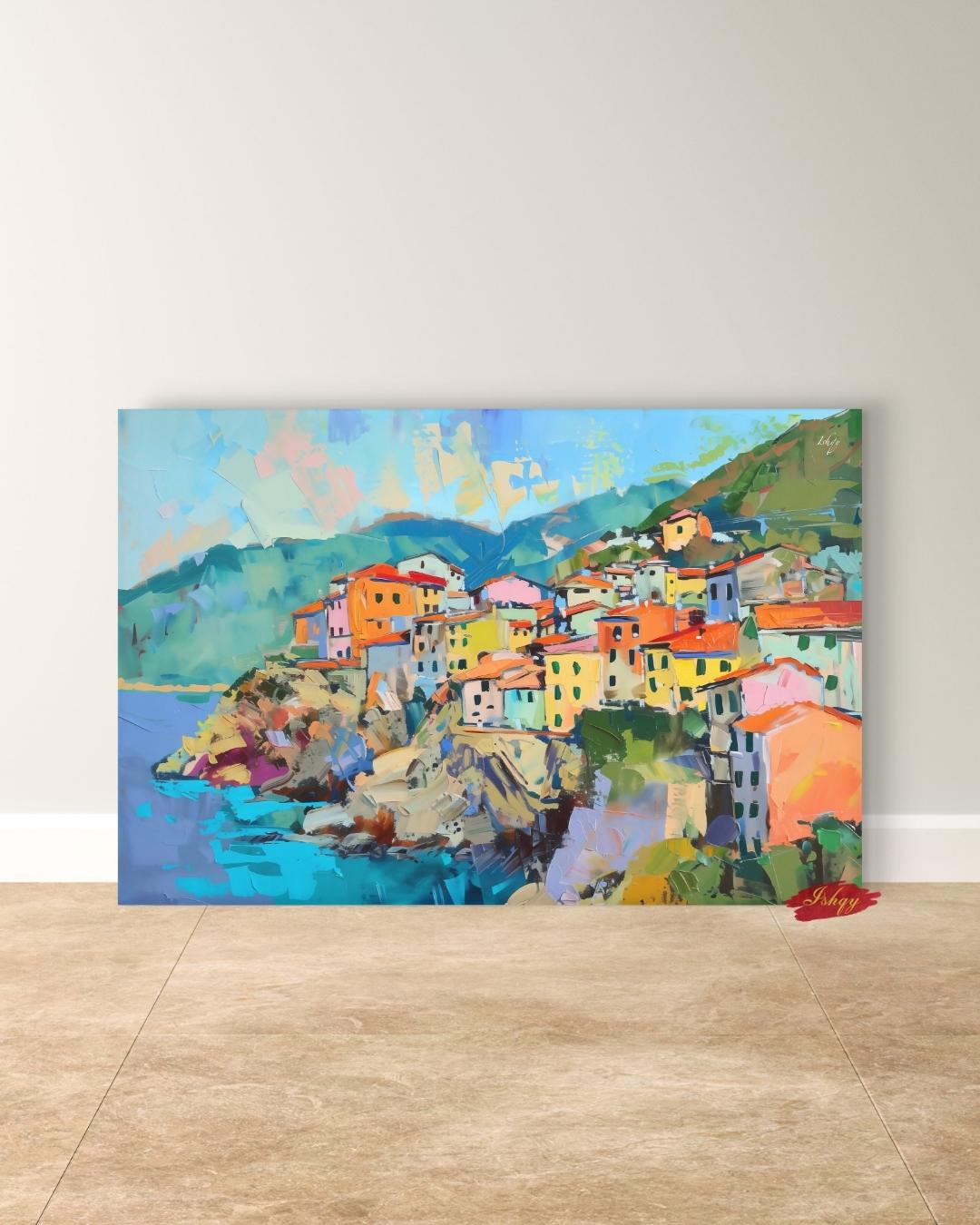 Italian Coastal Wall Art Canvas Print of Cinque Terre Village, Colorful Mediterranean Landscape Painting, Vibrant Home Decor