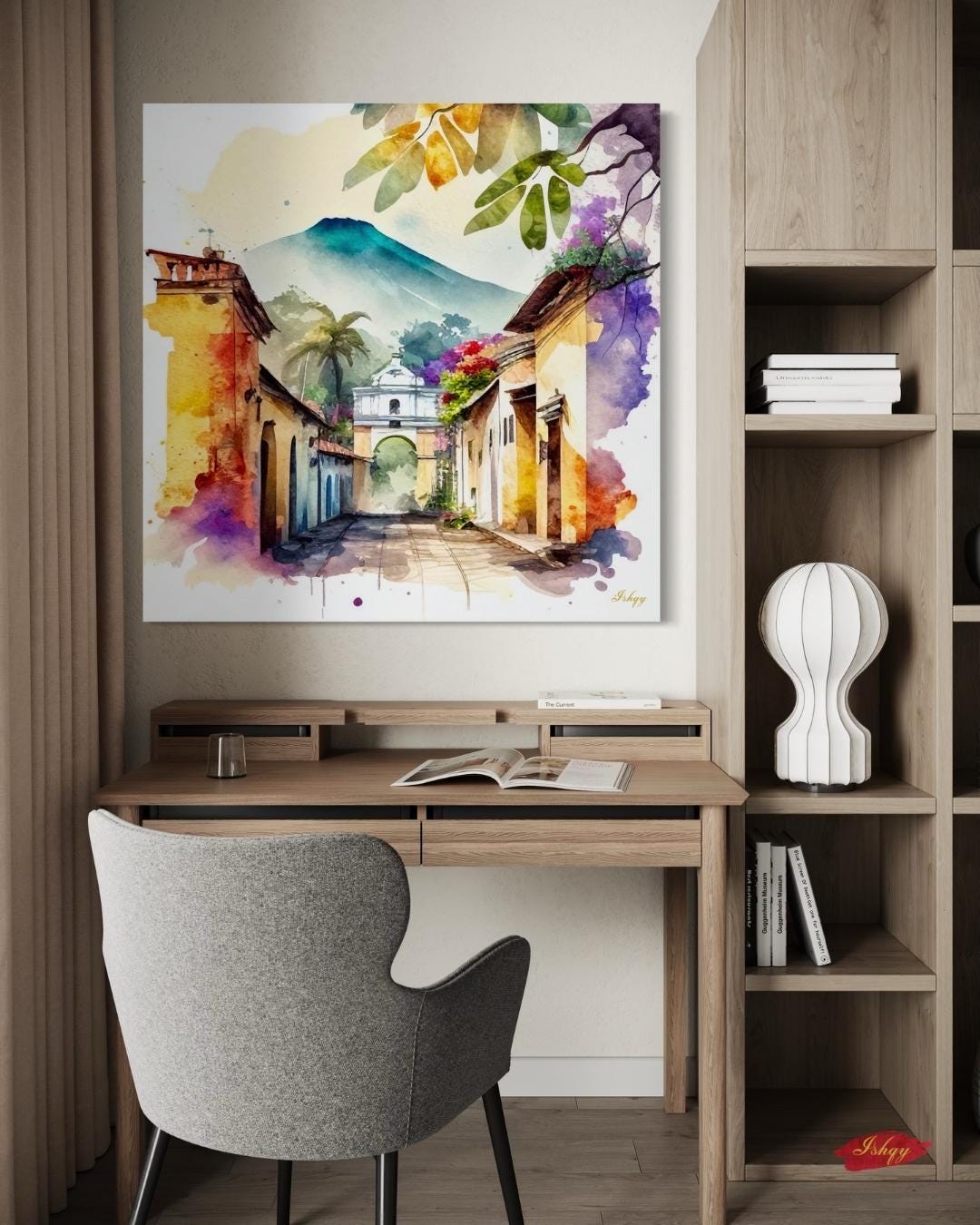 Antigua Guatemala Wall Art Square Canvas Print, Colonial Street Painting Print, Watercolor Cityscape Wall Decor, Framed Travel Art for Home