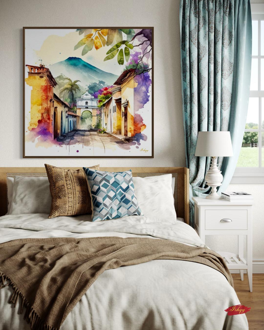 Antigua Guatemala Wall Art Square Canvas Print, Colonial Street Painting Print, Watercolor Cityscape Wall Decor, Framed Travel Art for Home