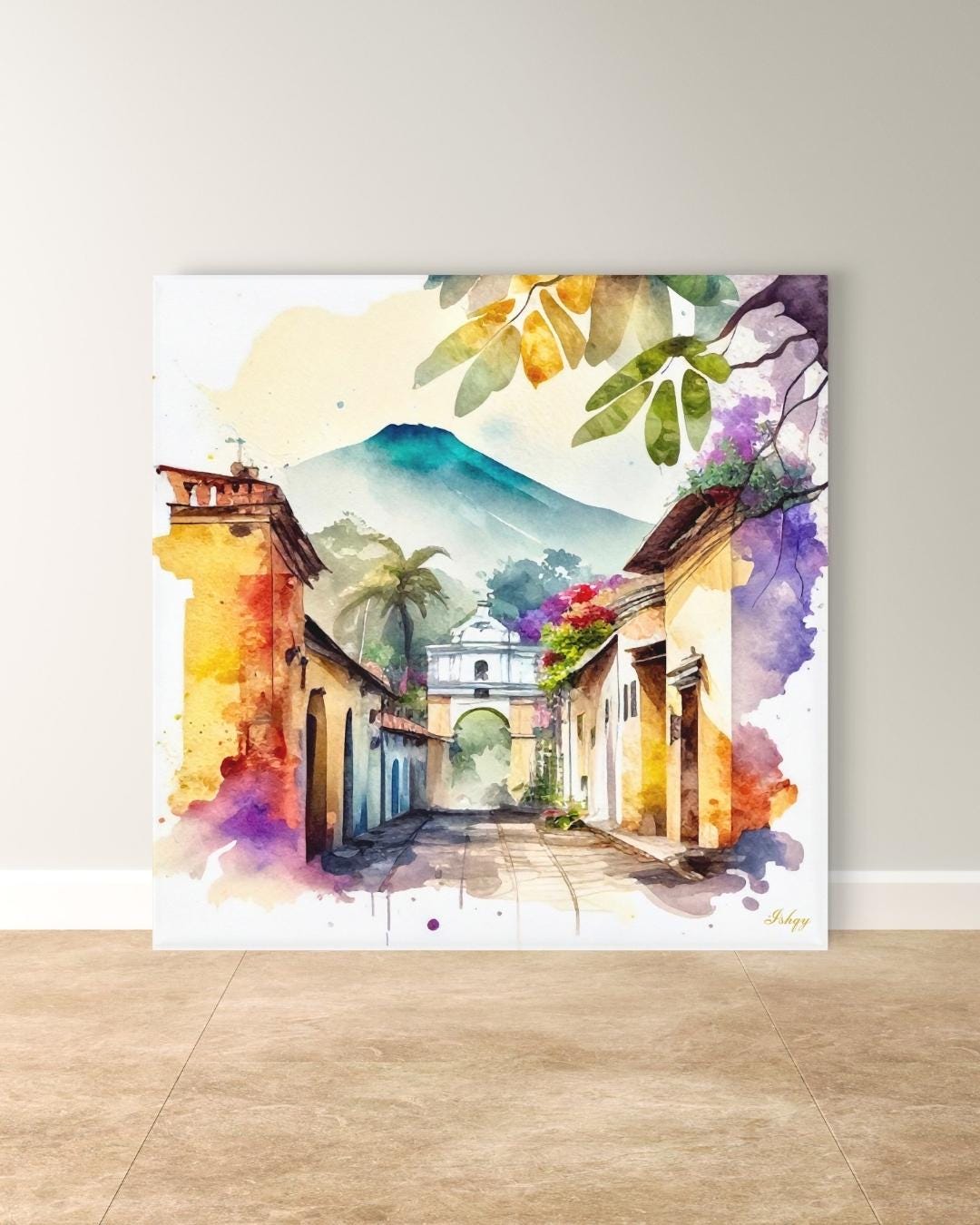 Antigua Guatemala Wall Art Square Canvas Print, Colonial Street Painting Print, Watercolor Cityscape Wall Decor, Framed Travel Art for Home