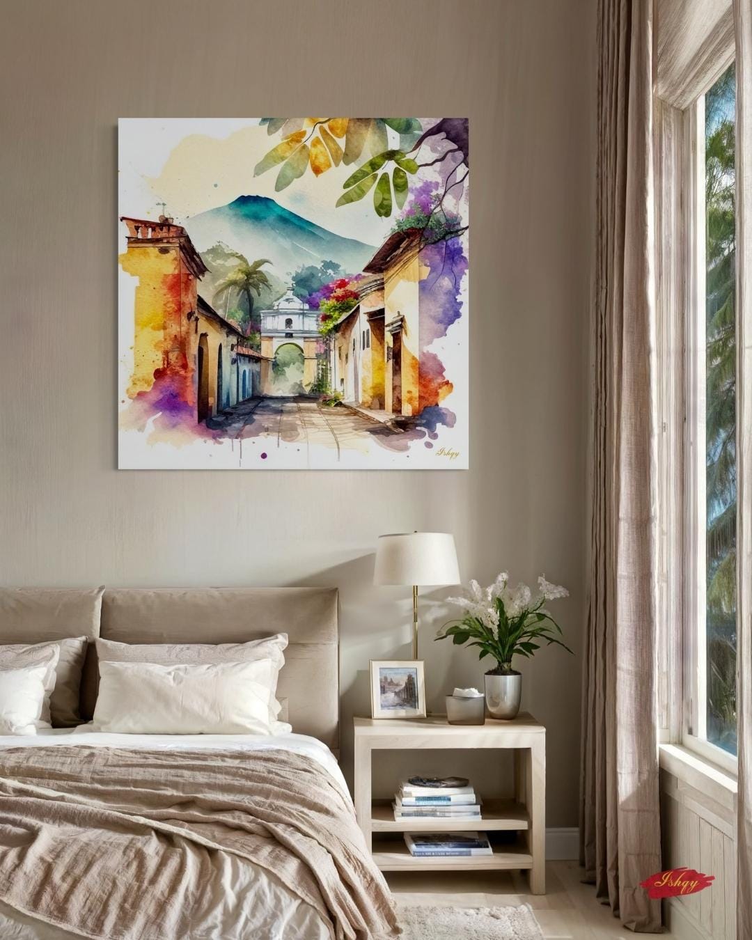 Antigua Guatemala Wall Art Square Canvas Print, Colonial Street Painting Print, Watercolor Cityscape Wall Decor, Framed Travel Art for Home