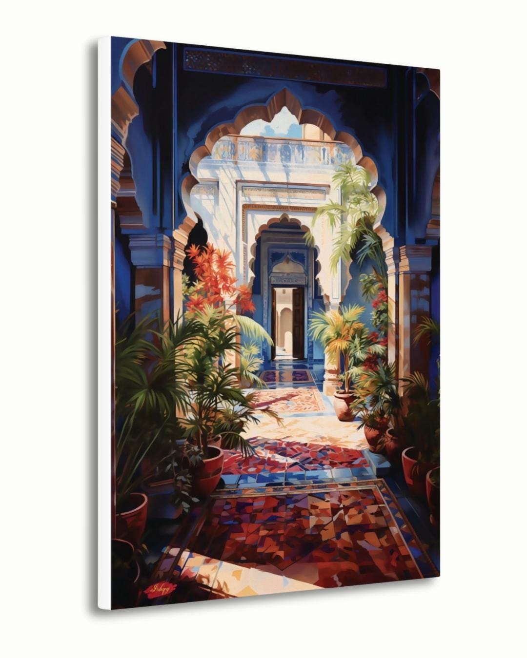 Indian Palace Courtyard Wall Art Canvas, Blue Archway Painting Print, Framed Exotic Garden Wall Decor, Vibrant Architecture Home Art
Bring the elegance of an Indian palace courtyard into your home with this vivid canvas print. Featuring a sunlit archway, lush plants, and colorful tiles, it adds cultural charm and vibrancy to any space. Perfect for living rooms, entryways, or offices seeking exotic elegance.