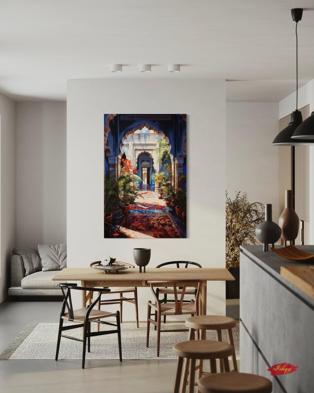 Indian Palace Courtyard Wall Art Canvas, Blue Archway Painting Print, Framed Exotic Garden Wall Decor, Vibrant Architecture Home Art
Bring the elegance of an Indian palace courtyard into your home with this vivid canvas print. Featuring a sunlit archway, lush plants, and colorful tiles, it adds cultural charm and vibrancy to any space. Perfect for living rooms, entryways, or offices seeking exotic elegance.