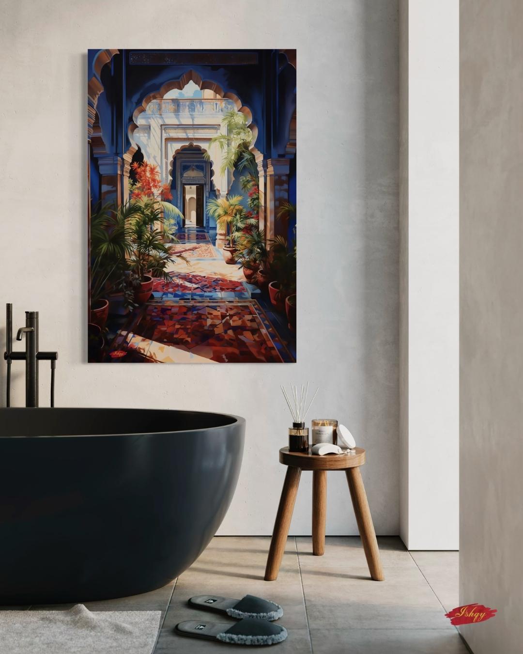 Indian Palace Courtyard Wall Art Canvas, Blue Archway Painting Print, Framed Exotic Garden Wall Decor, Vibrant Architecture Home Art
Bring the elegance of an Indian palace courtyard into your home with this vivid canvas print. Featuring a sunlit archway, lush plants, and colorful tiles, it adds cultural charm and vibrancy to any space. Perfect for living rooms, entryways, or offices seeking exotic elegance.