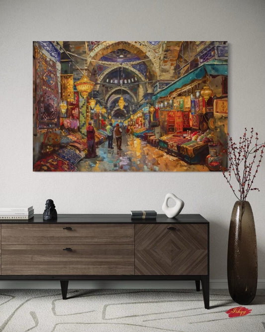 Grand Bazaar Istanbul Wall Art Print, Turkish Market Canvas, Colorful Bazaar Home Decor, Oriental Framed Wall Art, Souk Painting Print
Bring the energy and charm of Istanbul’s Grand Bazaar into your home with this vibrant wall art print. Featuring colorful lanterns, textiles, and market scenes, this Turkish-inspired canvas adds warmth and culture to any space. Perfect for living rooms, dining rooms, or as a unique gift.